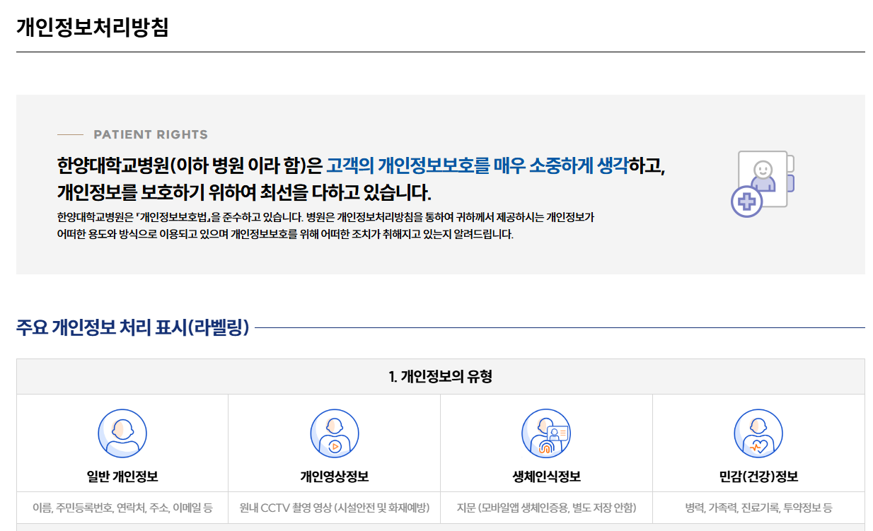한양대학교병원 개인정보처리방침 개정 (2026. 10. 15.)